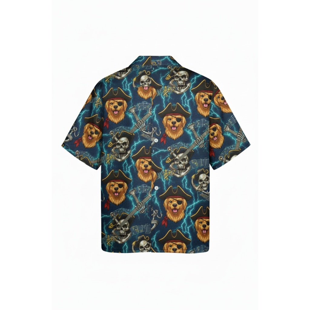 Blue Pirate Dog Print Button Up Shirt Fun Summer Style Blue Pirate Dog Print Button Up Shirt Fun Summer Style