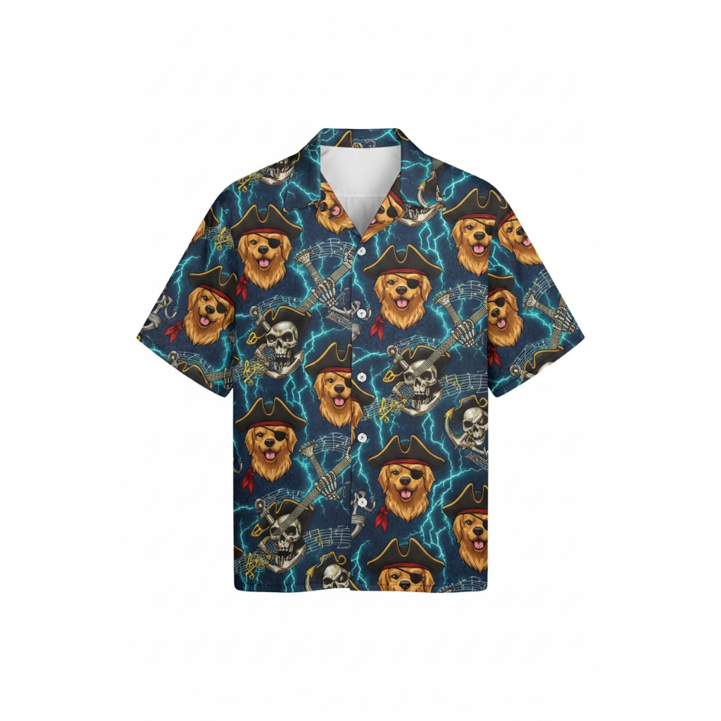 Blue Pirate Dog Print Button Up Shirt Fun Summer Style