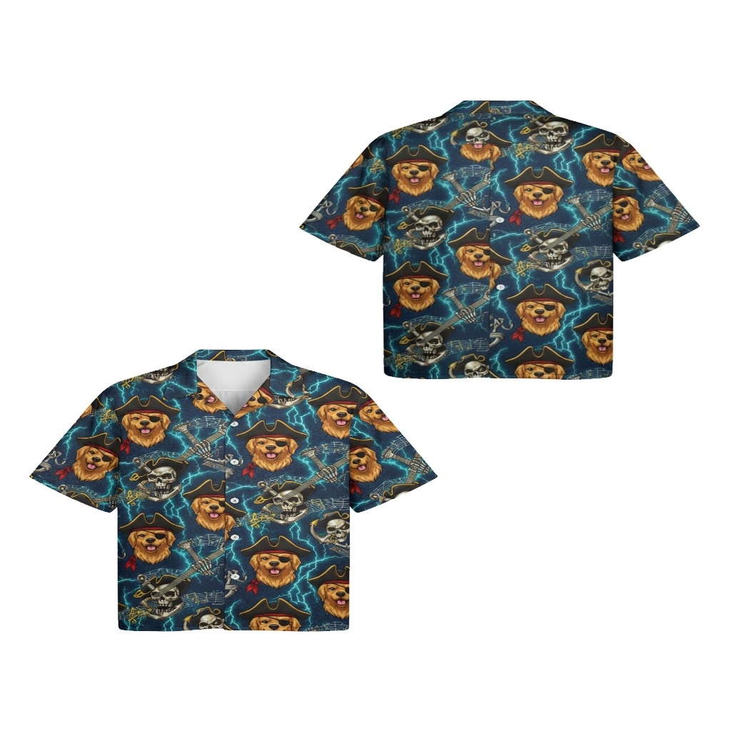 Blue Pirate Dog Print Button Up Shirt Fun Summer Style Blue Pirate Dog Print Button Up Shirt Fun Summer Style