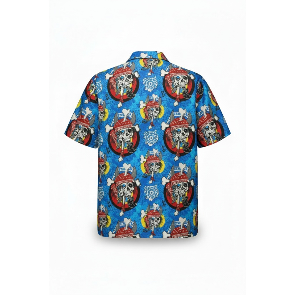 Blue Skull Print Short Sleeve Button Up Shirt Metal Style Blue Skull Print Short Sleeve Button Up Shirt Metal Style