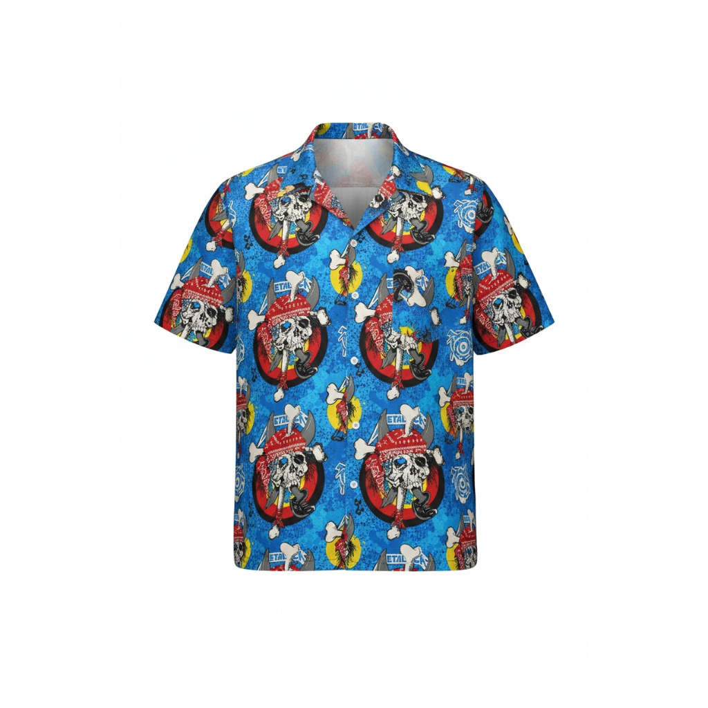 Blue Skull Print Short Sleeve Button Up Shirt Metal Style