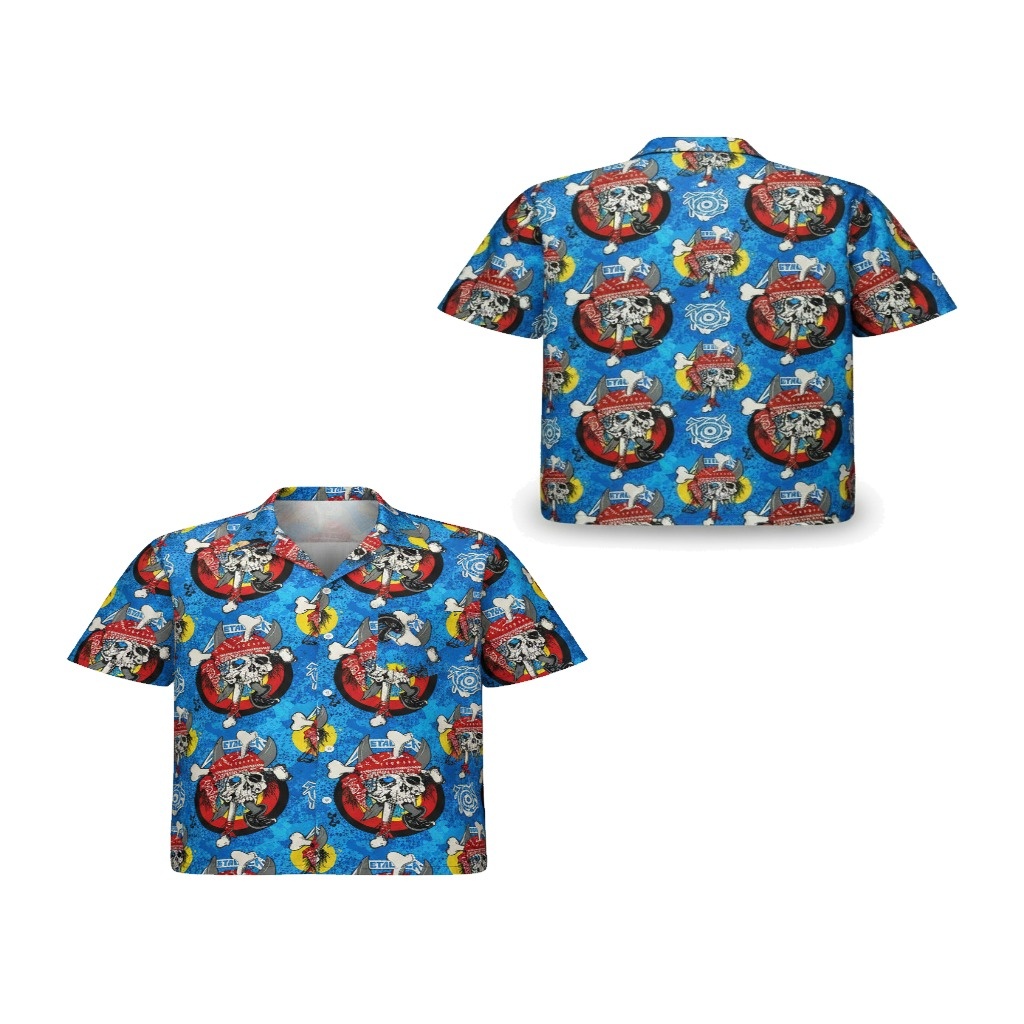 Blue Skull Print Short Sleeve Button Up Shirt Metal Style Blue Skull Print Short Sleeve Button Up Shirt Metal Style