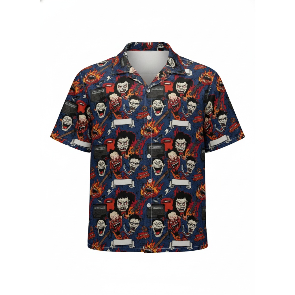 Bold Blue Horror Character Print Button Up Shirt