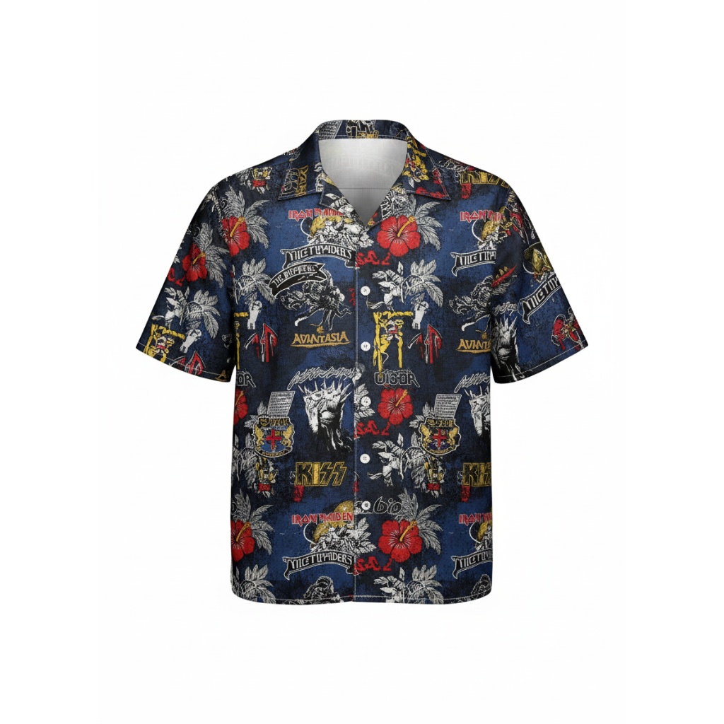 Bold Blue Kiss And Iron Maiden Graphic Print Hawaiian Shirt