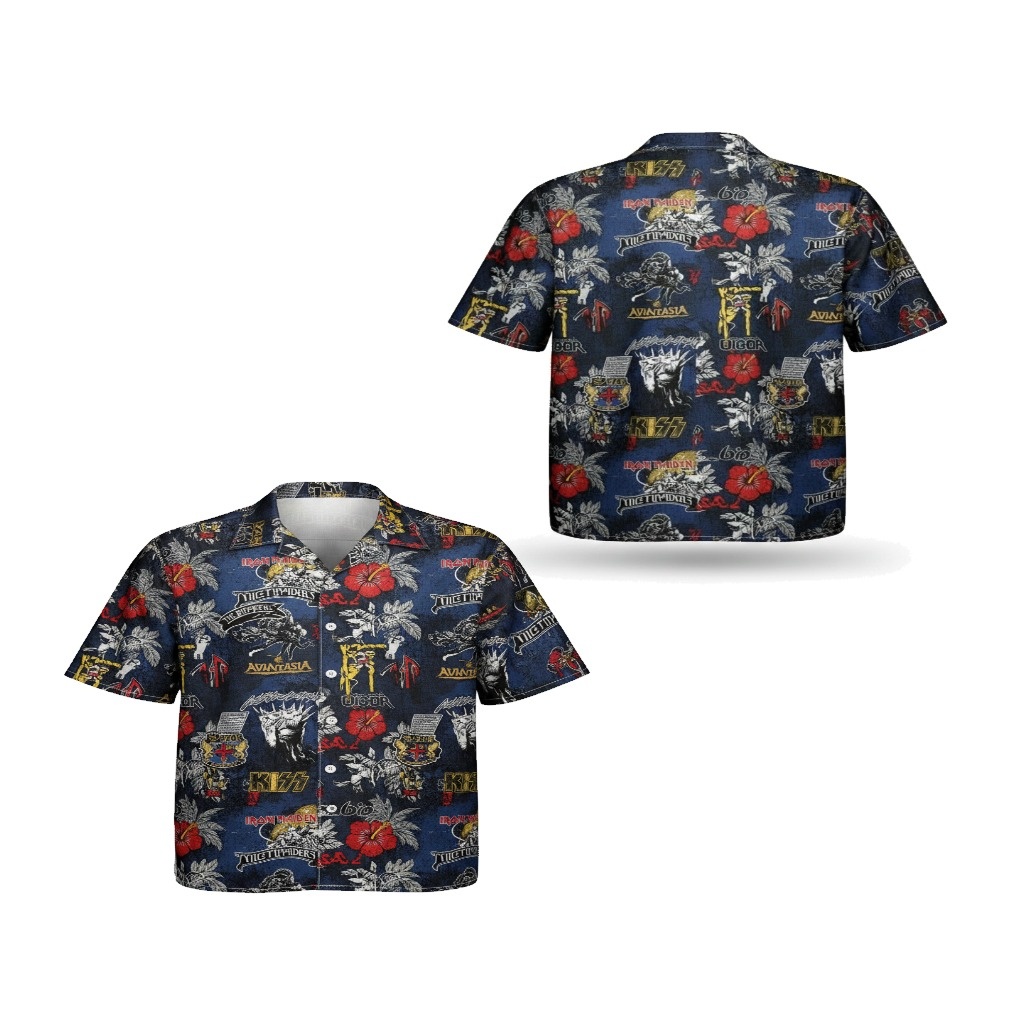 Bold Blue Kiss And Iron Maiden Graphic Print Hawaiian Shirt Bold Blue Kiss And Iron Maiden Graphic Print Hawaiian Shirt