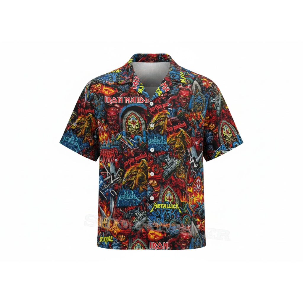 Bold Multi Color Heavy Metal Graphic Print Button Up Shirt