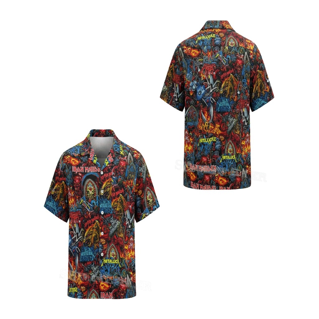 Bold Multi Color Heavy Metal Graphic Print Button Up Shirt Bold Multi Color Heavy Metal Graphic Print Button Up Shirt