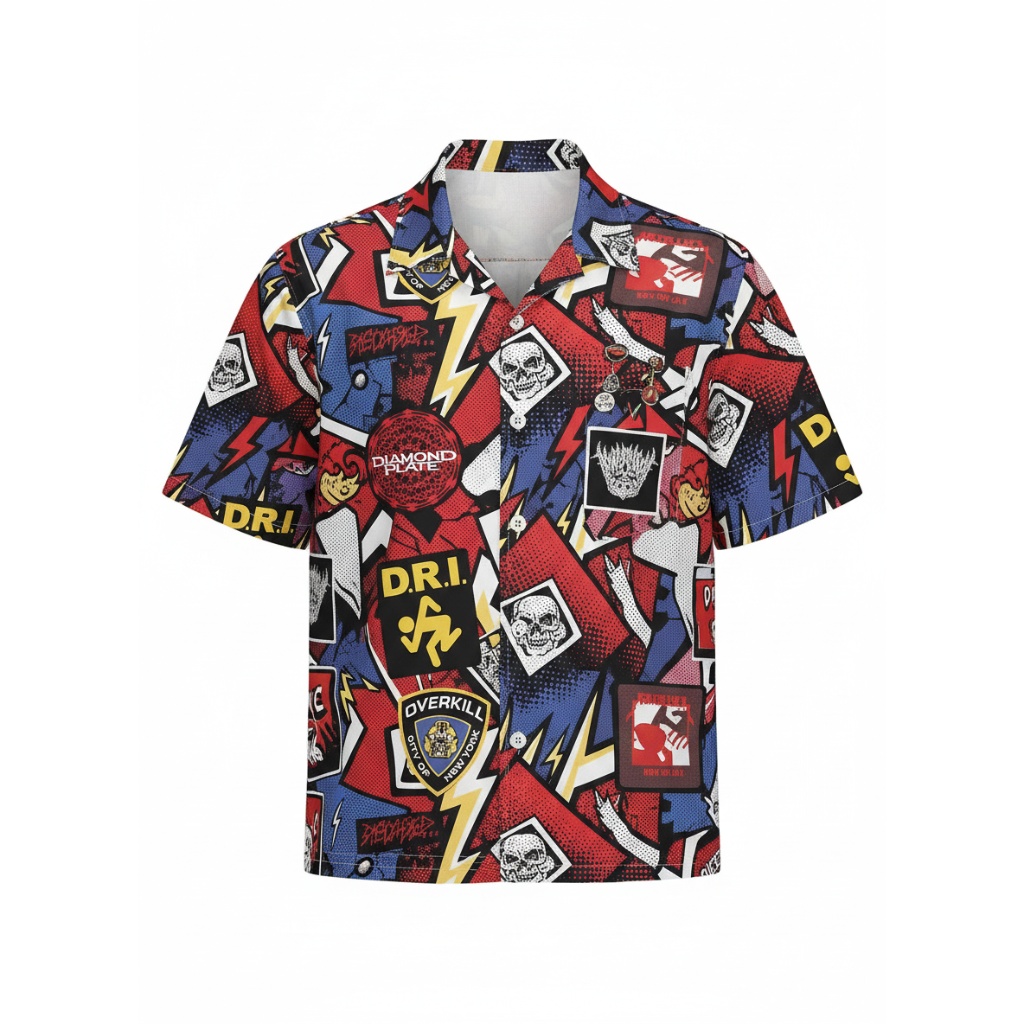 Bold Red Blue Graphic Print Button Up Shirt
