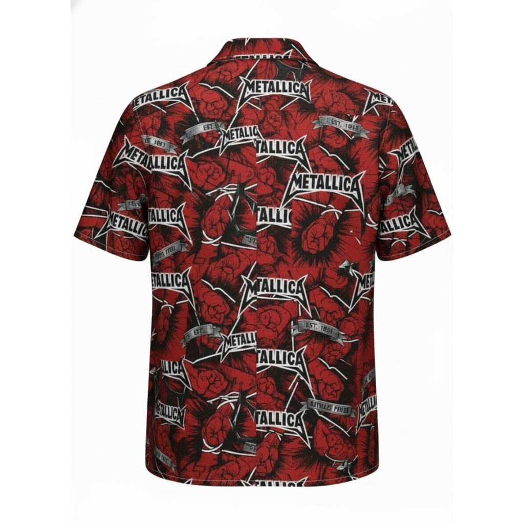 Bold Red Metallica Graphic Print Button Up Shirt Bold Red Metallica Graphic Print Button Up Shirt