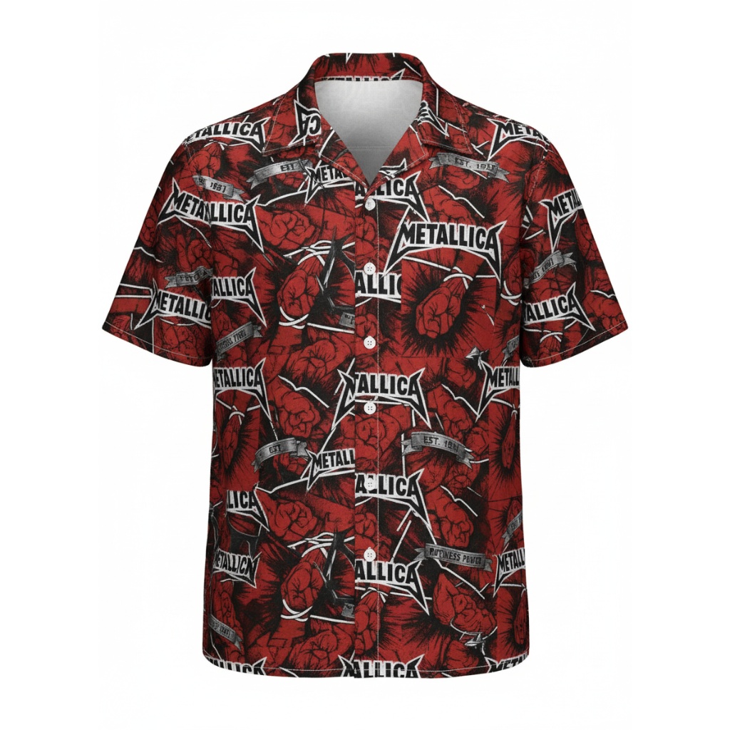 Bold Red Metallica Graphic Print Button Up Shirt