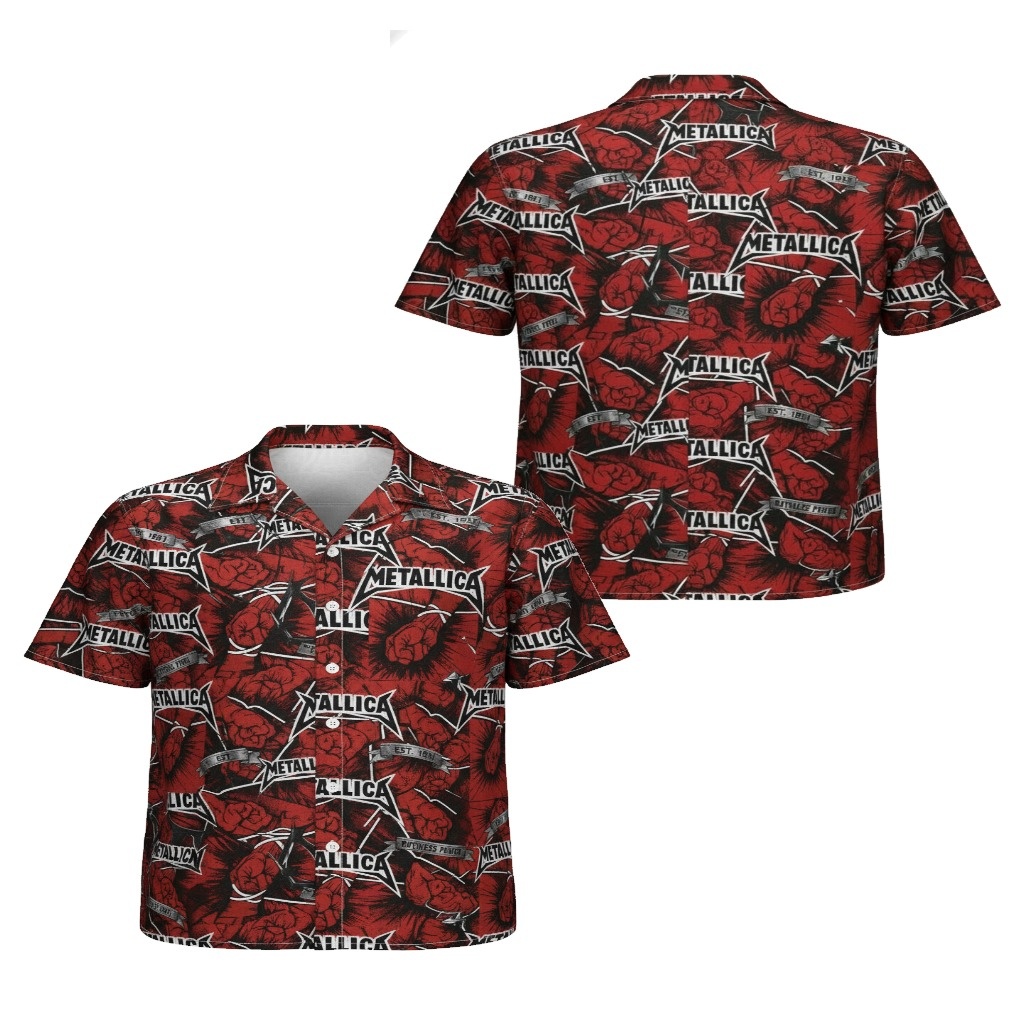 Bold Red Metallica Graphic Print Button Up Shirt Bold Red Metallica Graphic Print Button Up Shirt
