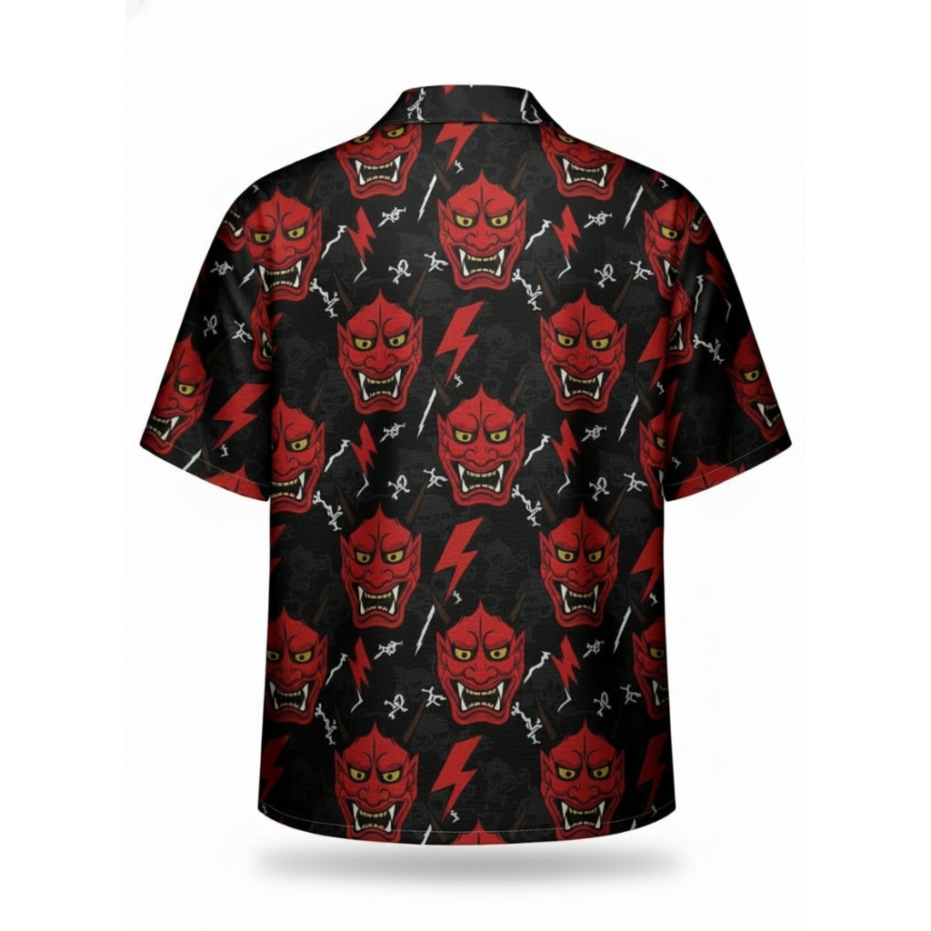 Bold Red Oni Mask Hawaiian Shirt Striking Japanese Design Bold Red Oni Mask Hawaiian Shirt Striking Japanese Design