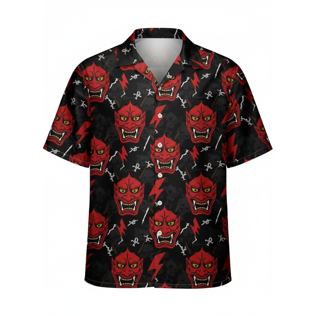 Bold Red Oni Mask Hawaiian Shirt Striking Japanese Design