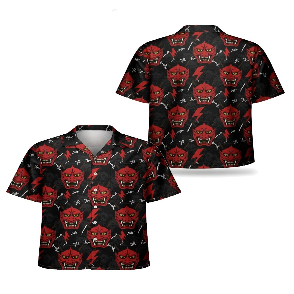 Bold Red Oni Mask Hawaiian Shirt Striking Japanese Design Bold Red Oni Mask Hawaiian Shirt Striking Japanese Design