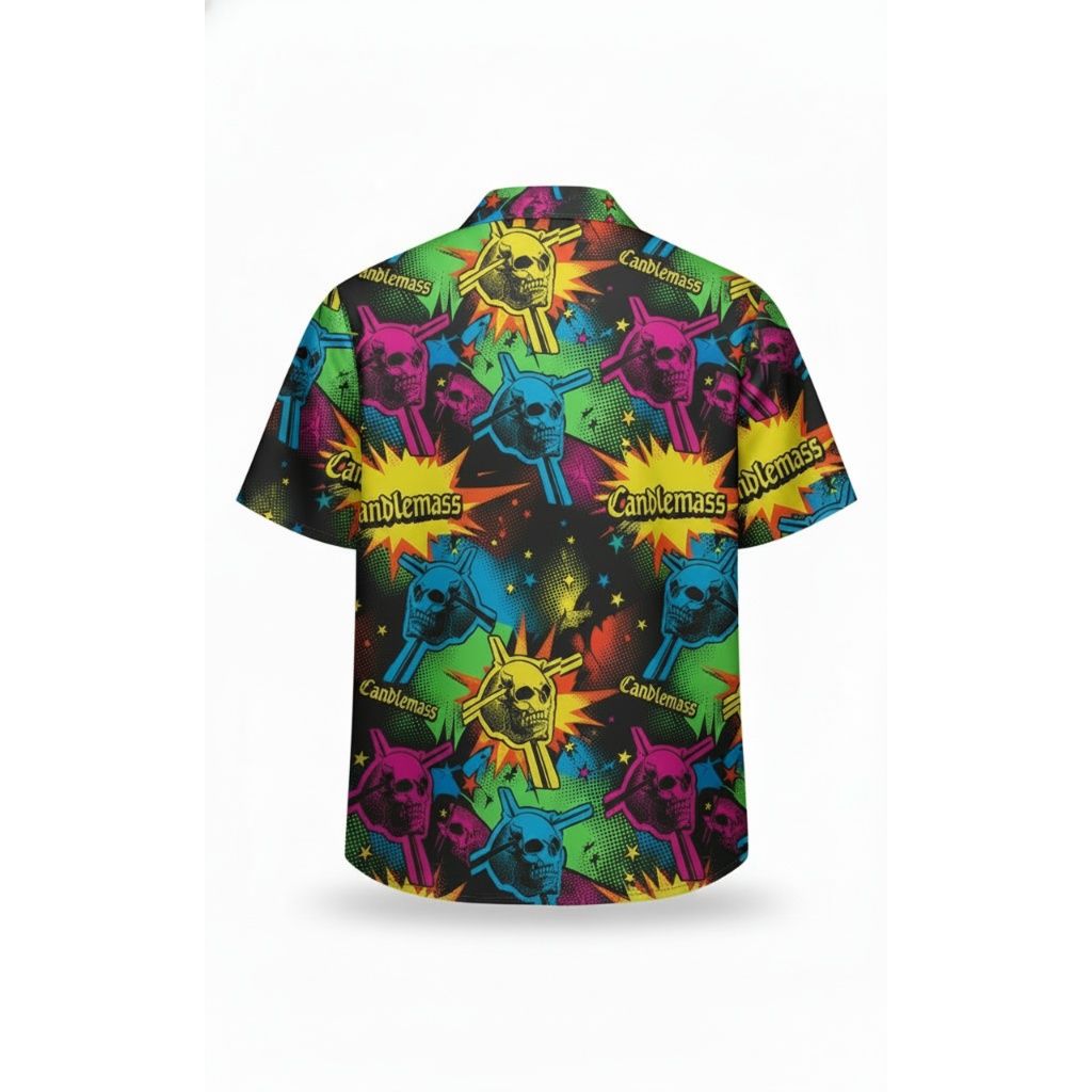 Candlemass Skull Graphic Print Hawaiian Shirt Black Multi Candlemass Skull Graphic Print Hawaiian Shirt Black Multi