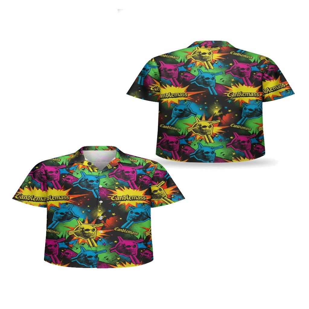 Candlemass Skull Graphic Print Hawaiian Shirt Black Multi Candlemass Skull Graphic Print Hawaiian Shirt Black Multi