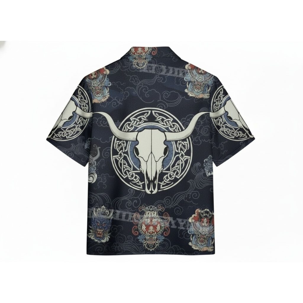 Dark Blue Bull Skull Hawaiian Shirt Viking Style Dark Blue Bull Skull Hawaiian Shirt Viking Style