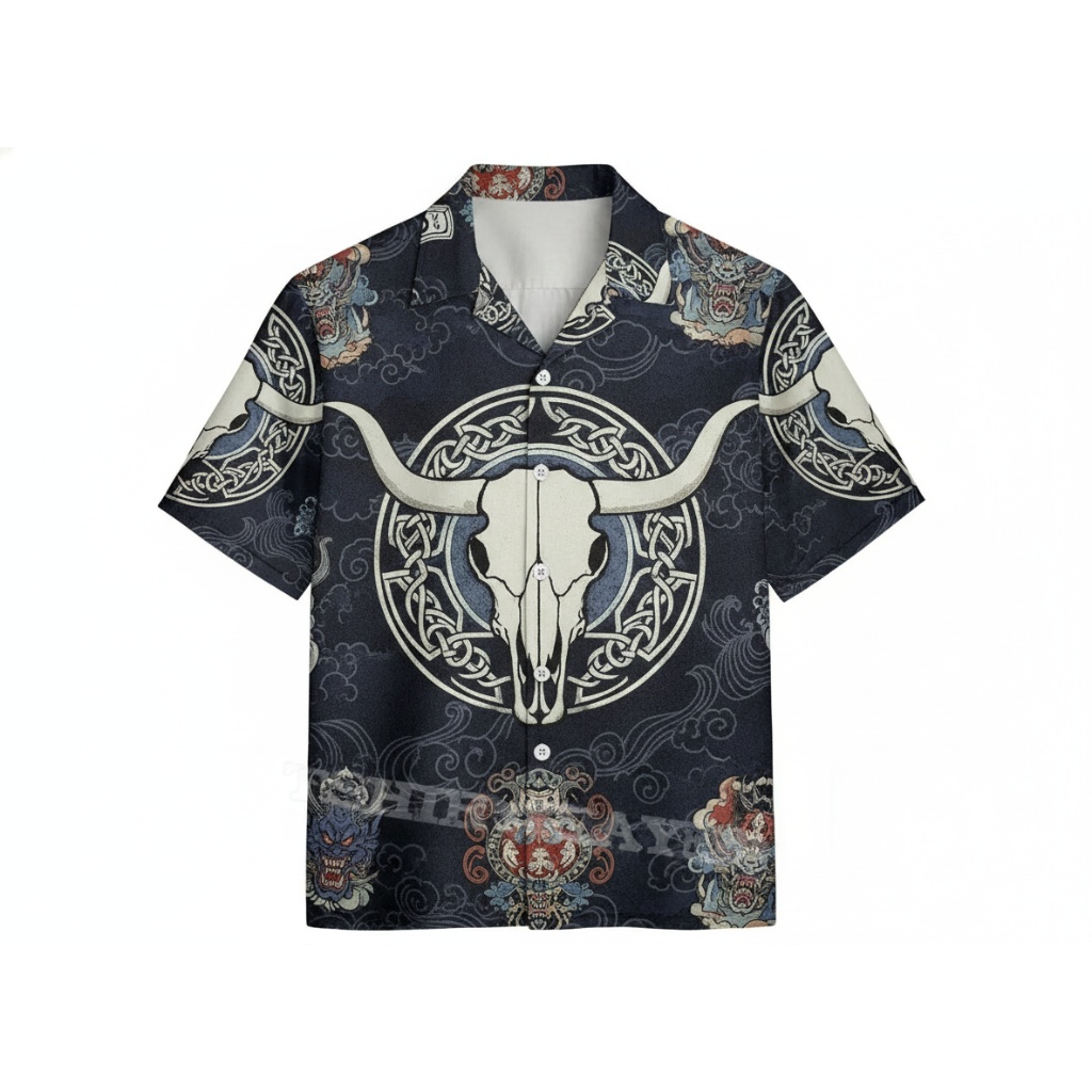 Dark Blue Bull Skull Hawaiian Shirt Viking Style