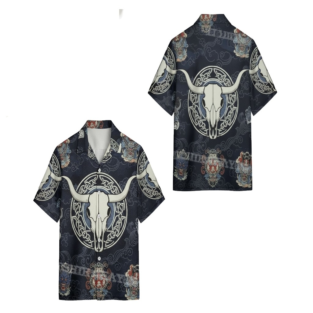 Dark Blue Bull Skull Hawaiian Shirt Viking Style Dark Blue Bull Skull Hawaiian Shirt Viking Style