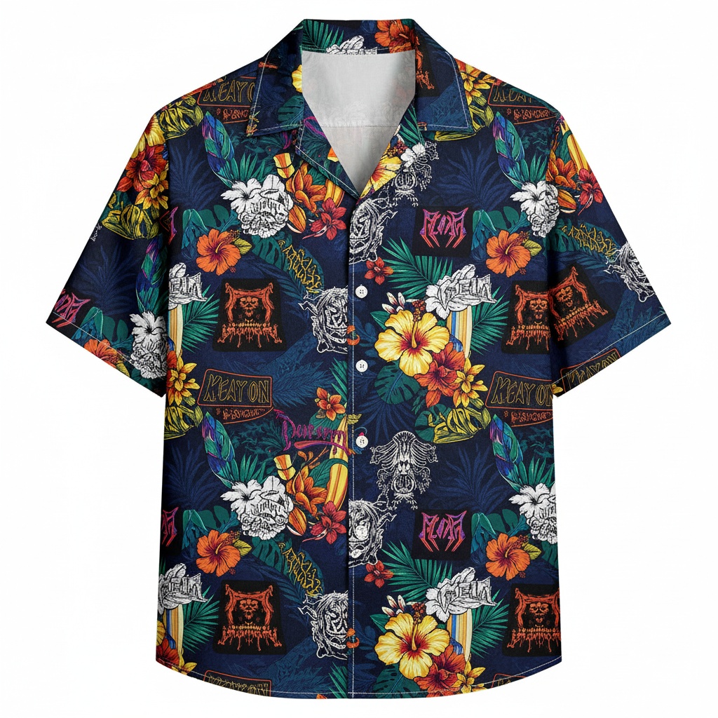 Dark Blue Floral Skull Hawaiian Shirt Men Metal Band Design