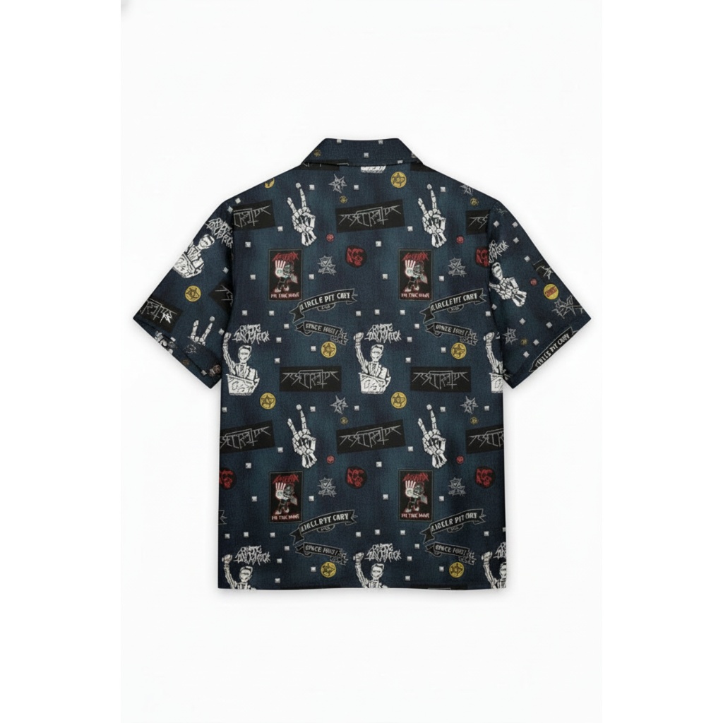 Dark Blue Graphic Print Button Up Shirt Rock Band Style Dark Blue Graphic Print Button Up Shirt Rock Band Style
