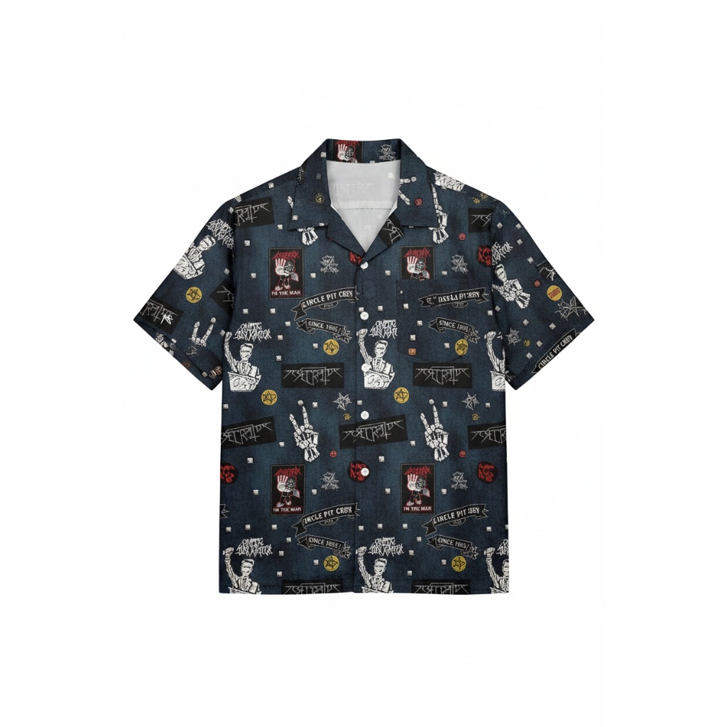Dark Blue Graphic Print Button Up Shirt Rock Band Style