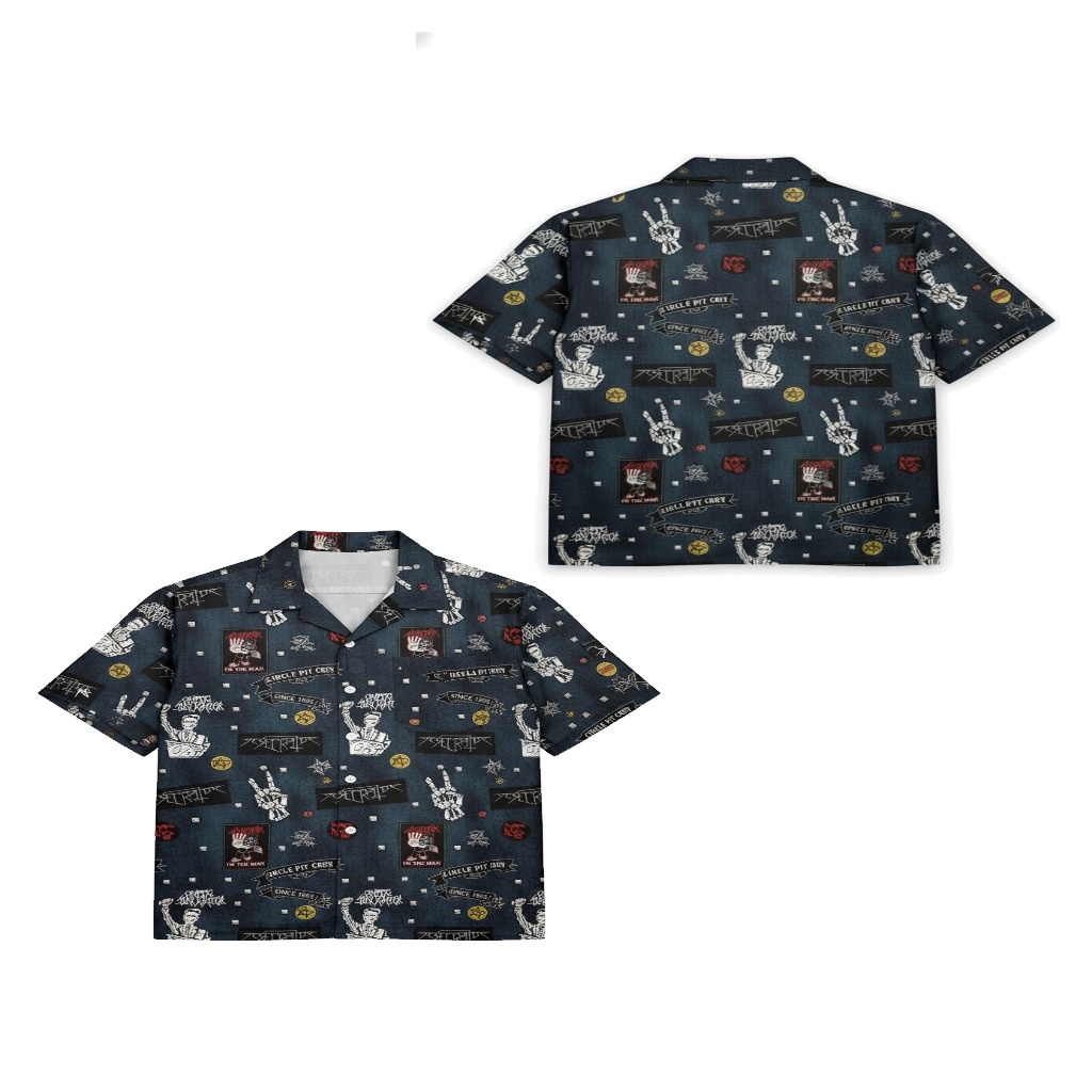 Dark Blue Graphic Print Button Up Shirt Rock Band Style Dark Blue Graphic Print Button Up Shirt Rock Band Style