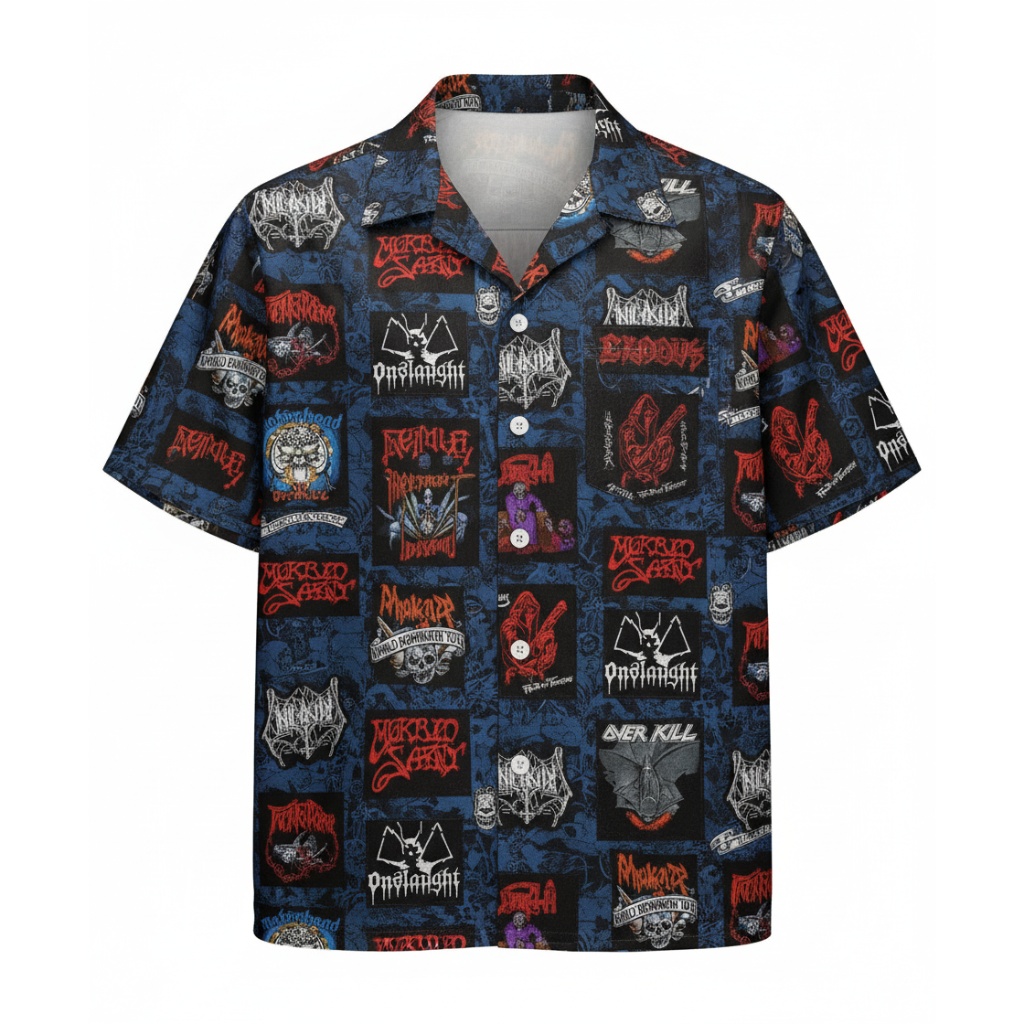 Dark Blue Heavy Metal Band Print Short Sleeve Shirt