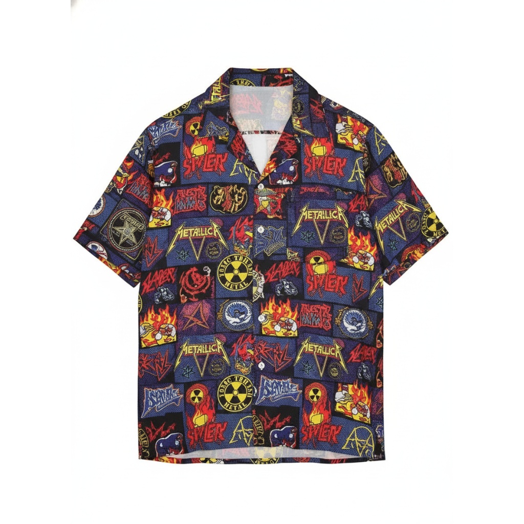 Dark Blue Heavy Metal Graphic Print Short Sleeve Shirt