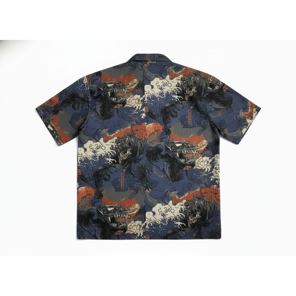 Dark Blue Japanese Oni Wave Print Short Sleeve Button Up Dark Blue Japanese Oni Wave Print Short Sleeve Button Up