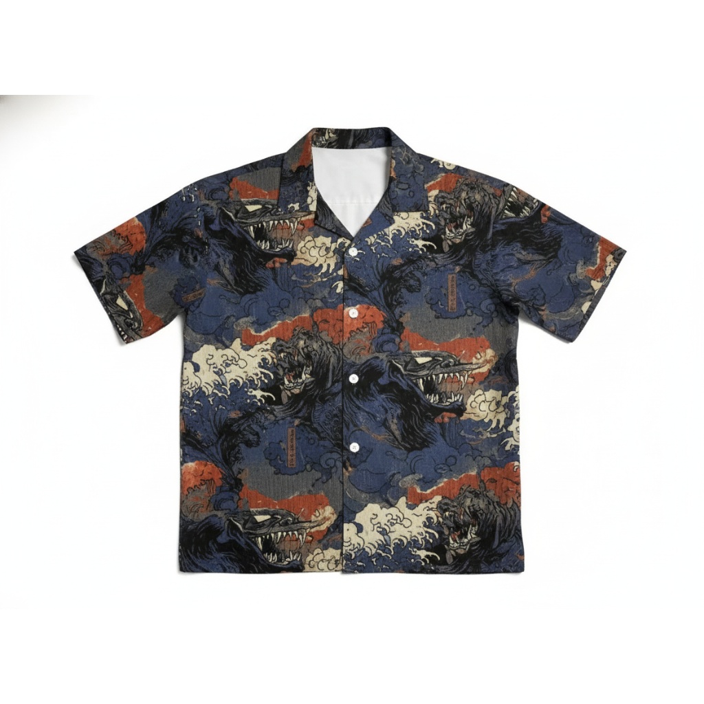 Dark Blue Japanese Oni Wave Print Short Sleeve Button Up