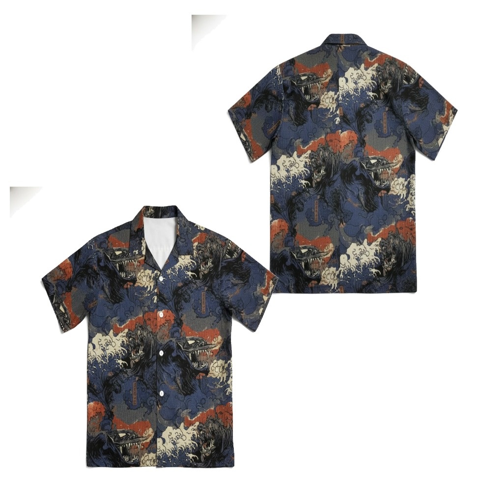 Dark Blue Japanese Oni Wave Print Short Sleeve Button Up Dark Blue Japanese Oni Wave Print Short Sleeve Button Up