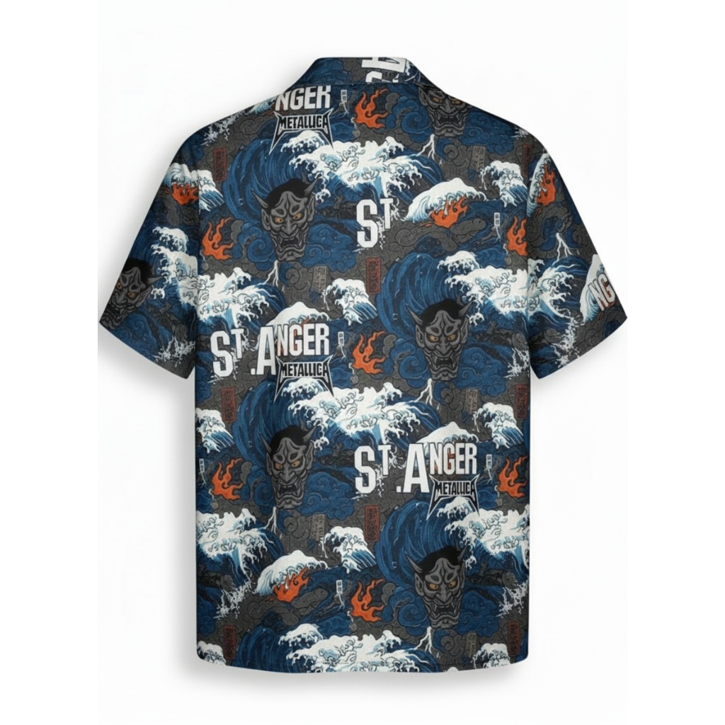 Dark Blue Japanese Wave Graphic Button Up Shirt Dark Blue Japanese Wave Graphic Button Up Shirt