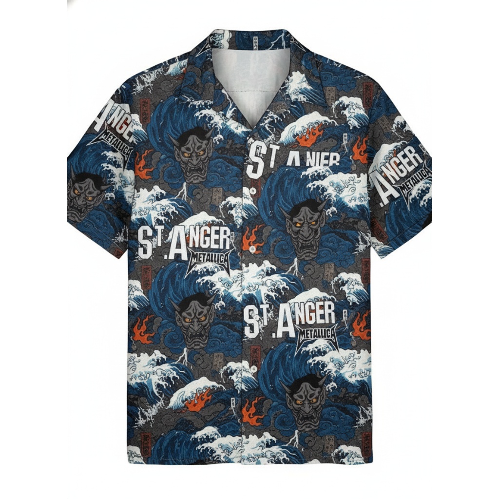 Dark Blue Japanese Wave Graphic Button Up Shirt