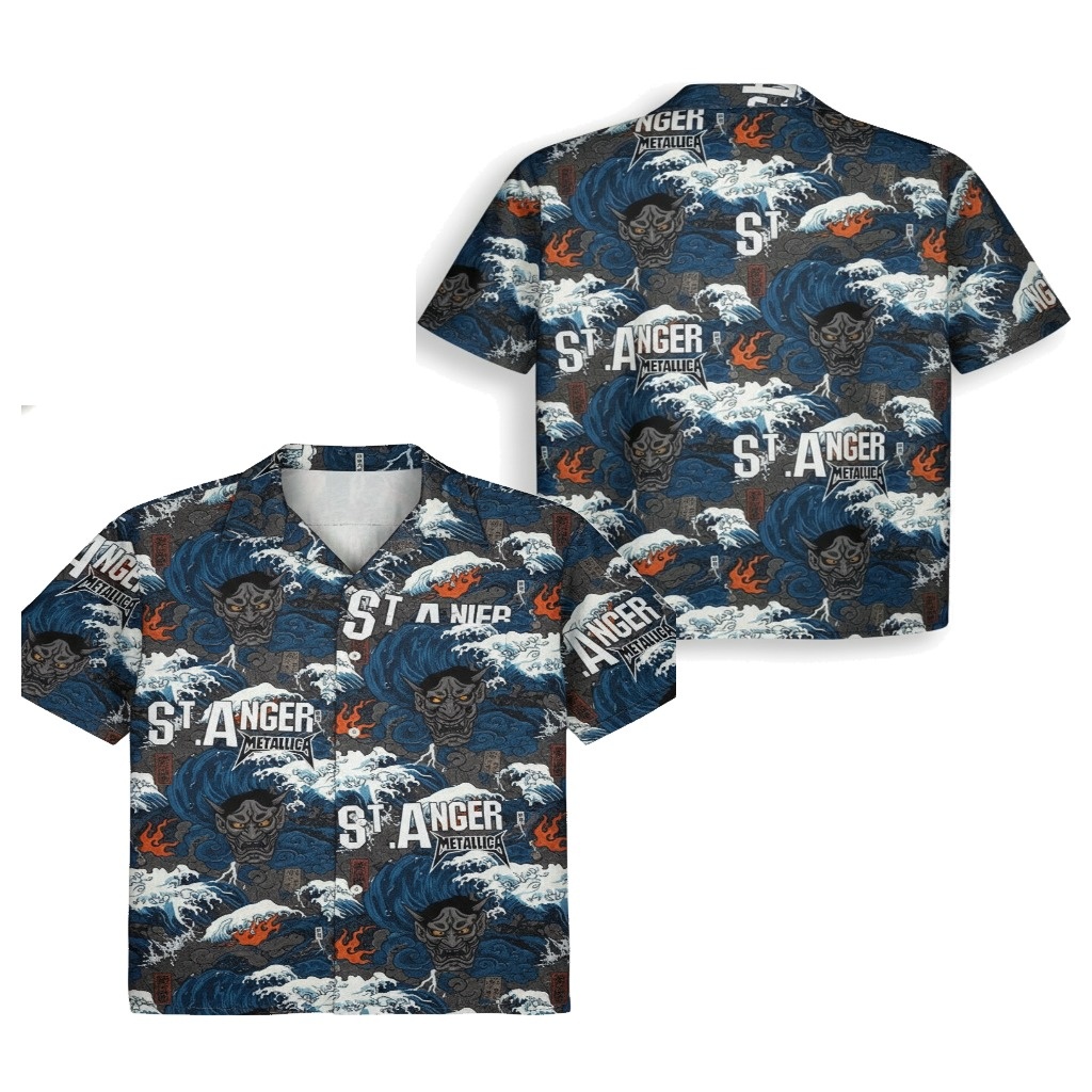 Dark Blue Japanese Wave Graphic Button Up Shirt Dark Blue Japanese Wave Graphic Button Up Shirt