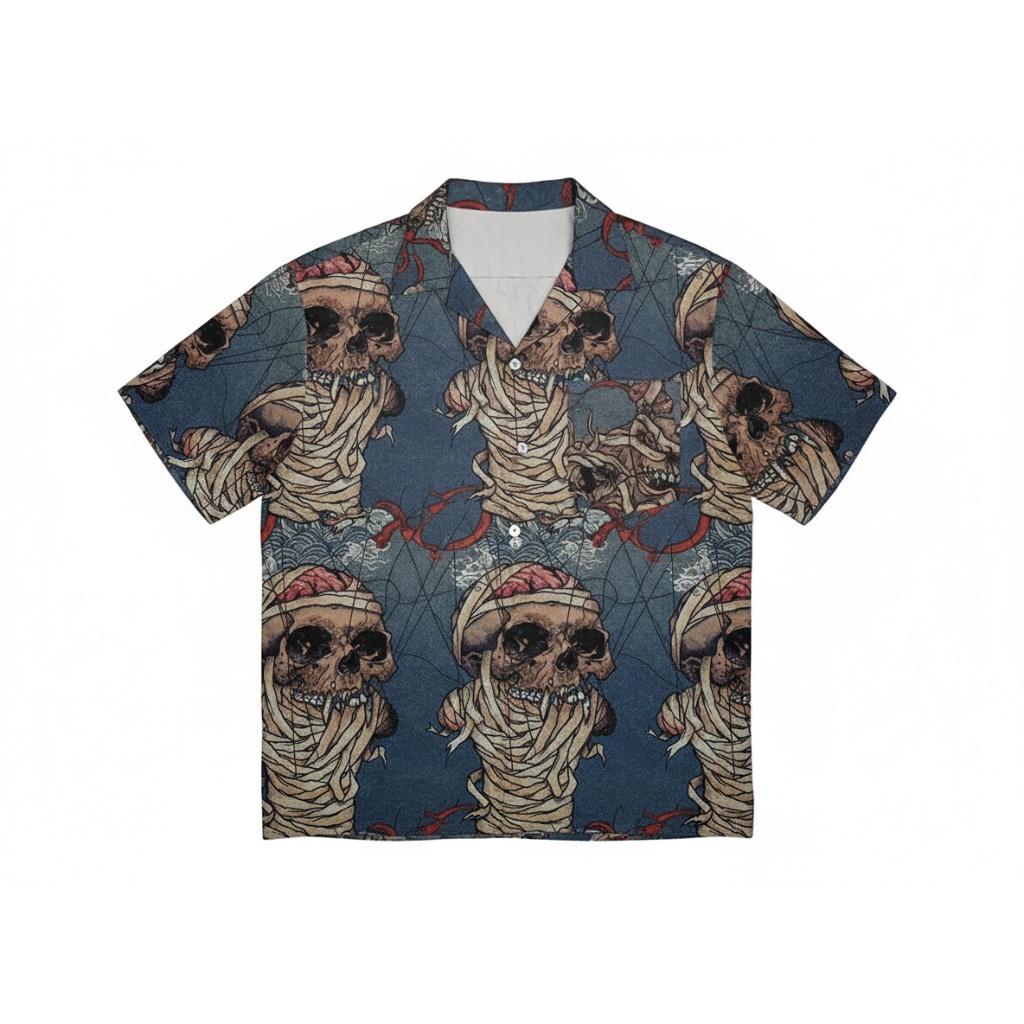 Dark Blue Mummy Skull Hawaiian Shirt Spooky Halloween Style