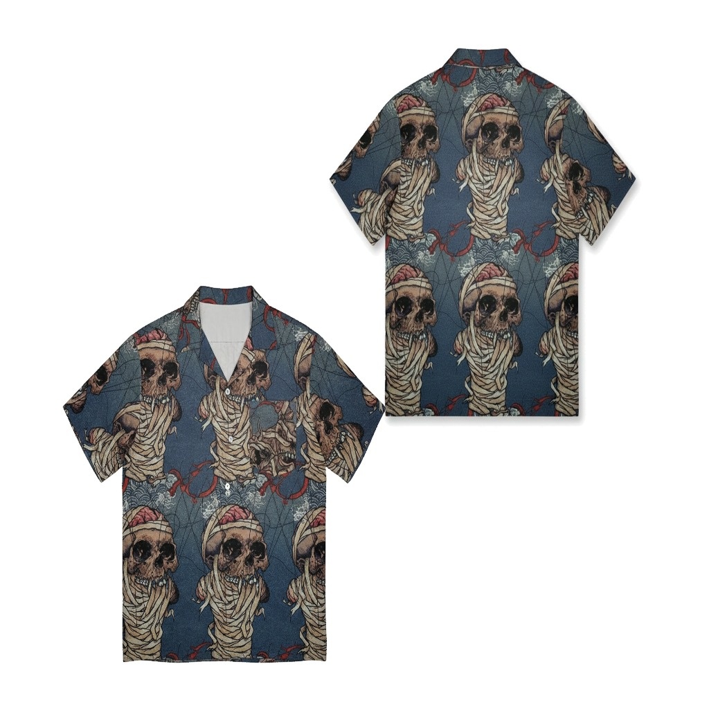 Dark Blue Mummy Skull Hawaiian Shirt Spooky Halloween Style Dark Blue Mummy Skull Hawaiian Shirt Spooky Halloween Style