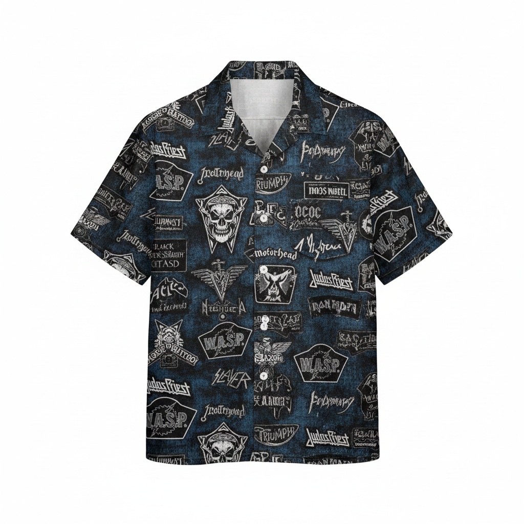 Dark Blue Rock Band Print Hawaiian Shirt Men’s Casual Style