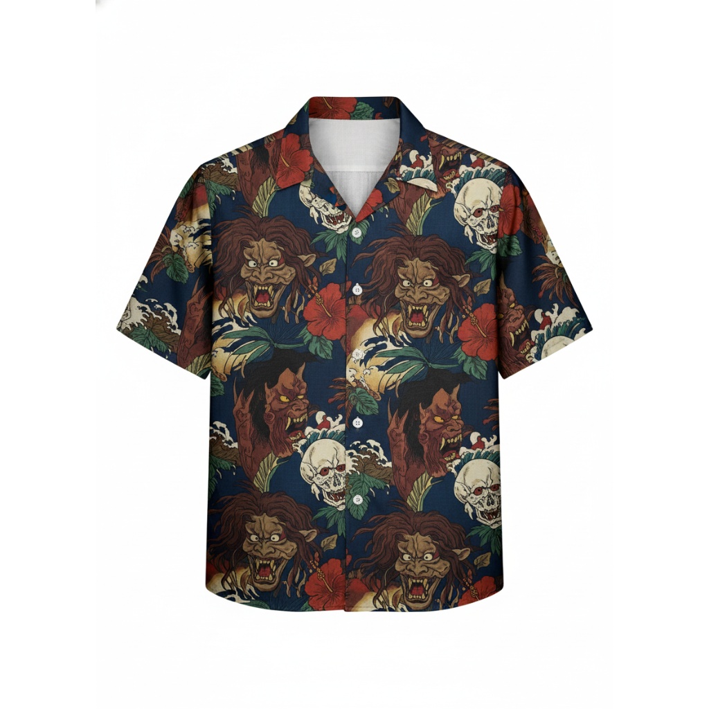 Dark Blue Scary Creature Floral Hawaiian Shirt Men Gothic