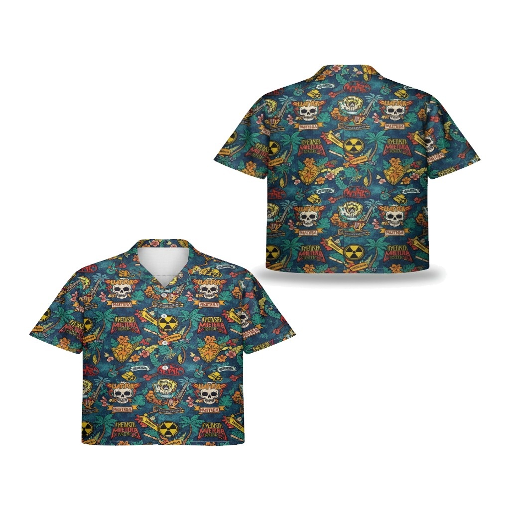 Dark Blue Skull Hawaiian Shirt With Nuclear Icons