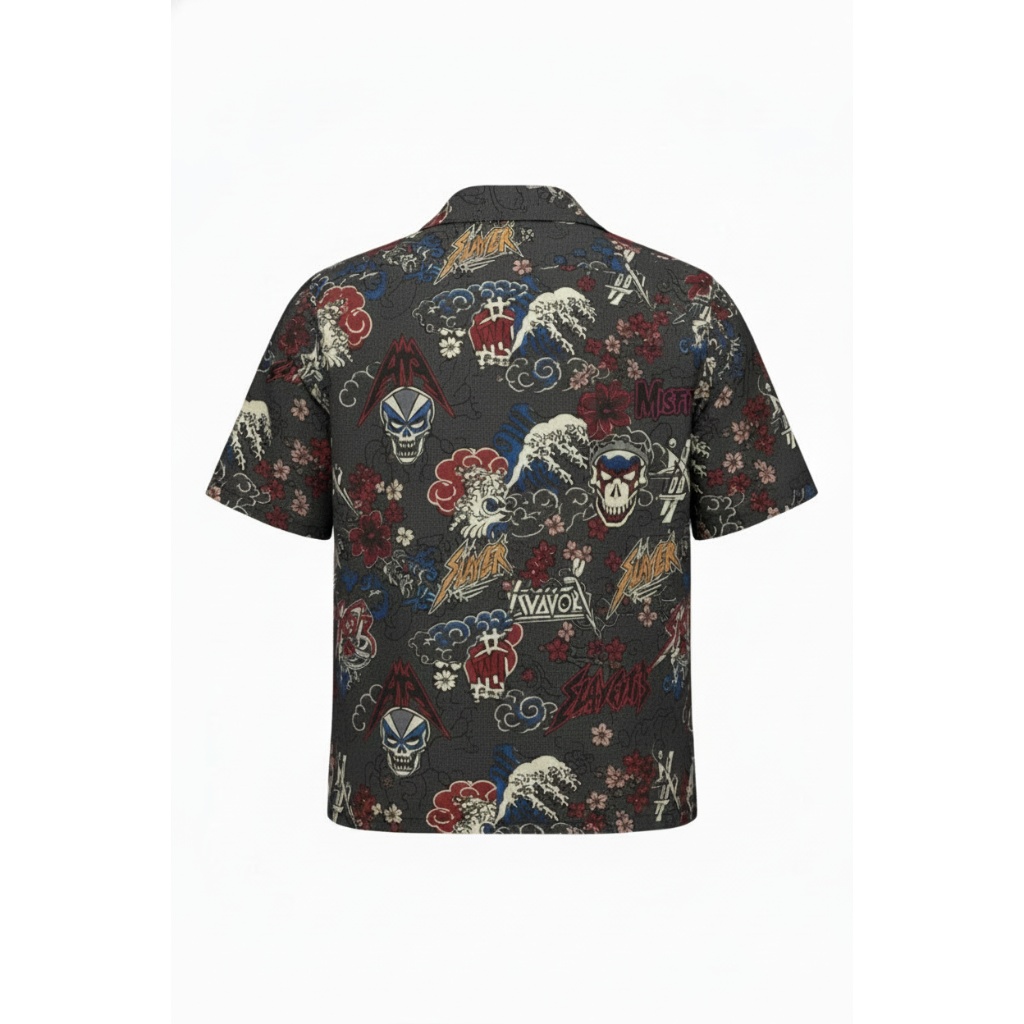 Dark Charcoal Misfits Skull Graphic Short Sleeve Button Up Dark Charcoal Misfits Skull Graphic Short Sleeve Button Up