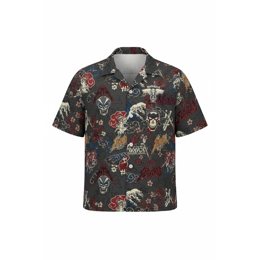 Dark Charcoal Misfits Skull Graphic Short Sleeve Button Up
