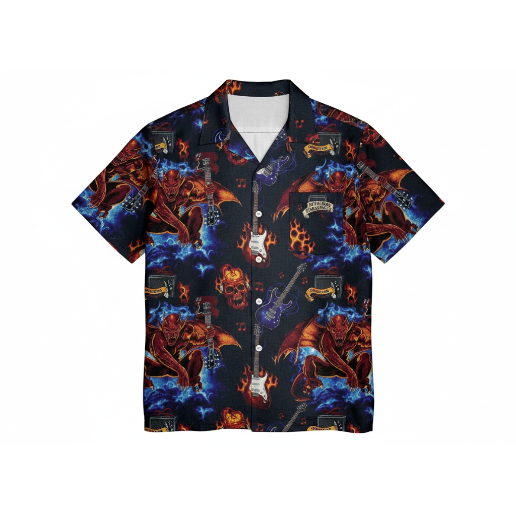 Dark Demon Guitar Flame Print Hawaiian Shirt Men’s