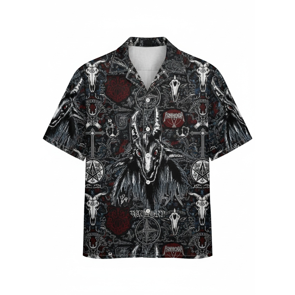 Dark Goat Skull Pentagram Hawaiian Shirt Black And Red