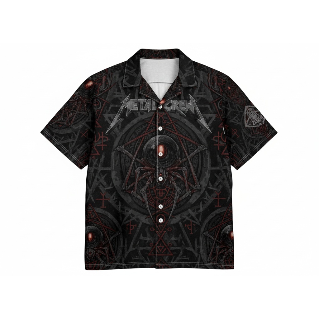 Dark Metal Spider Graphic Button Up Shirt Black