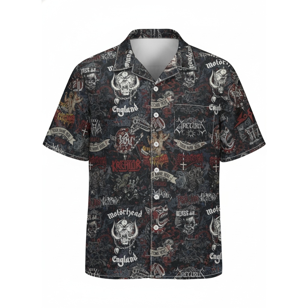 Dark Rock Band Print Short Sleeve Button Up Shirt