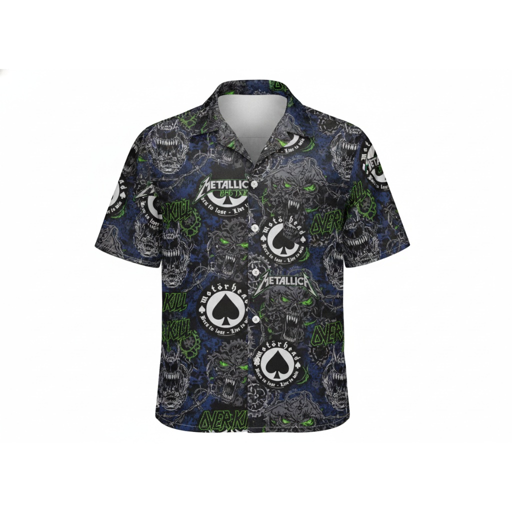 Dark Skull Print Short Sleeve Hawaiian Shirt Black Green