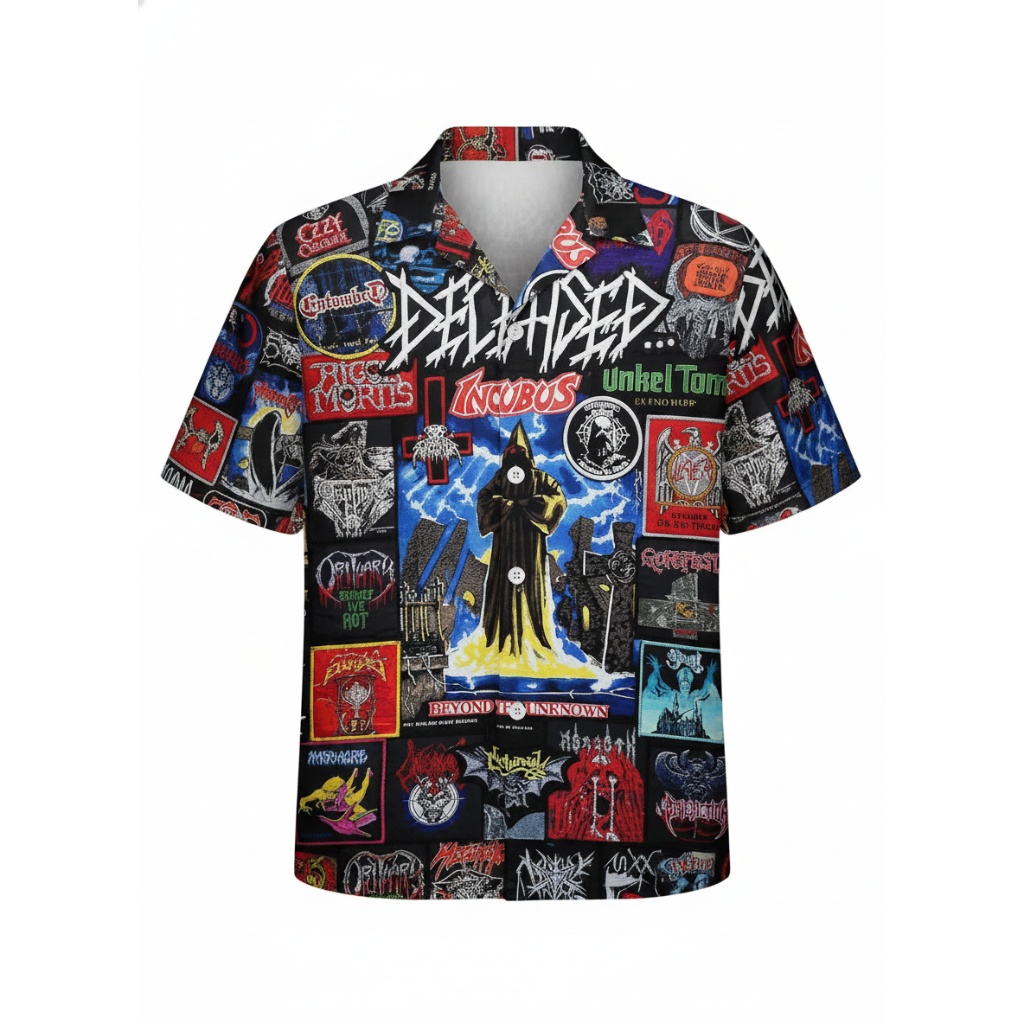 Deceased Band Graphic Print Button Up Shirt Black Red Blue