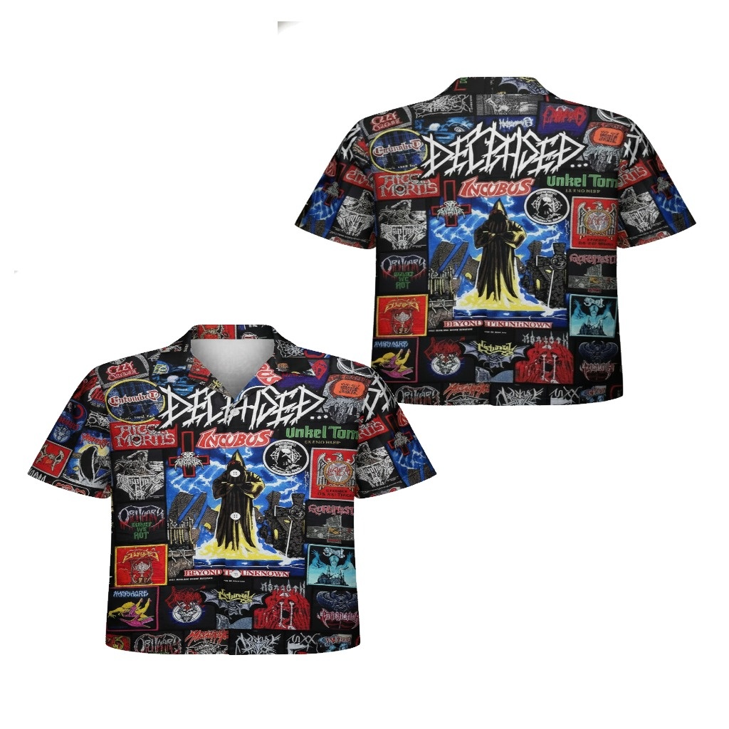 Deceased Band Graphic Print Button Up Shirt Black Red Blue Deceased Band Graphic Print Button Up Shirt Black Red Blue