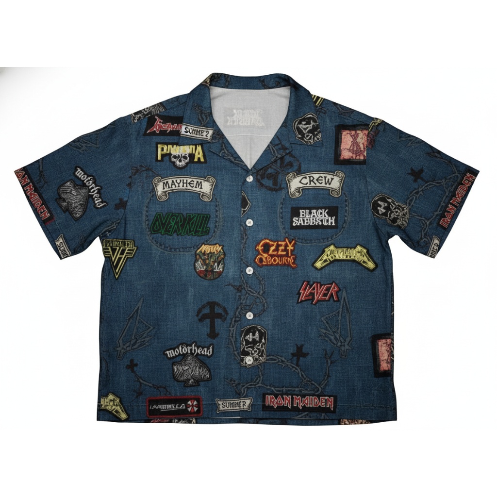 Denim Blue Heavy Metal Band Print Hawaiian Shirt